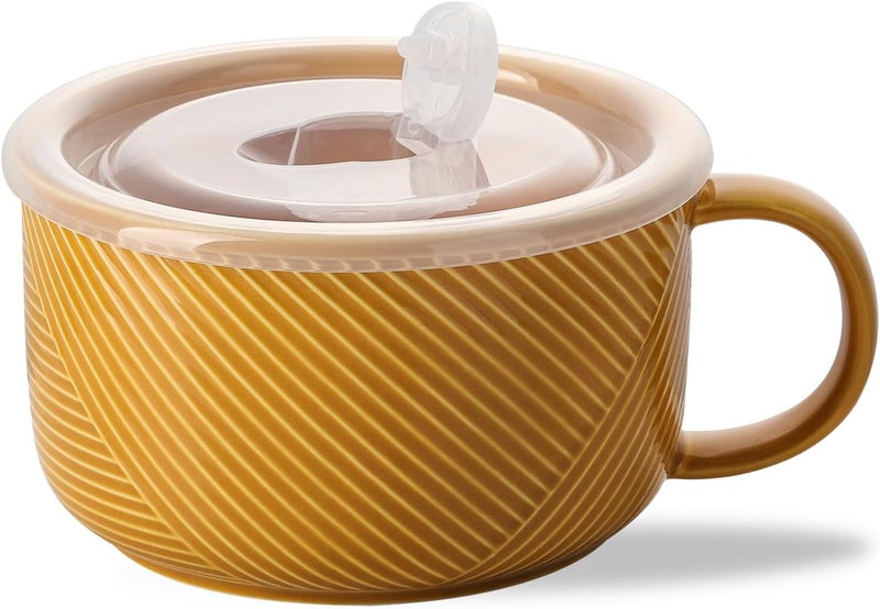Adewnest Oversized Soup Bowl with Handle: 38 oz Ceramic Soup Mug with Lid - Microwave Safe Jumbo Food Storage Container for Ramen Cereal Breakfast Meal Prep Office Lunch Dorm Living - Yellow 6 Inch - Image 1