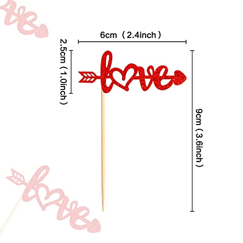 Festiko®24 Pack Love Cupcake Toppers with Arrow Red Glitter Sweet Valentine's Day Cupcake Picks Wedding Engagement Bridal Shower Birthday Party Cake Decorations Supplies - Image 2