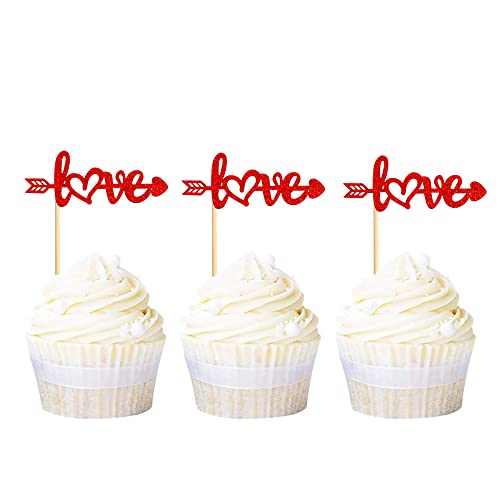 Festiko®24 Pack Love Cupcake Toppers with Arrow Red Glitter Sweet Valentine's Day Cupcake Picks Wedding Engagement Bridal Shower Birthday Party Cake Decorations Supplies - Image 1