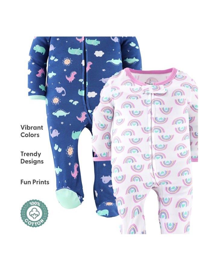 The Peanut Shell Baby Sleepers for Girls Set of 3 - Newborn Baby Clothes, Soft Cotton Baby Girl Footed Pajamas, Newborns & Infants Baby Clothes Gift Set - Rainbow Dinosaur - Image 4