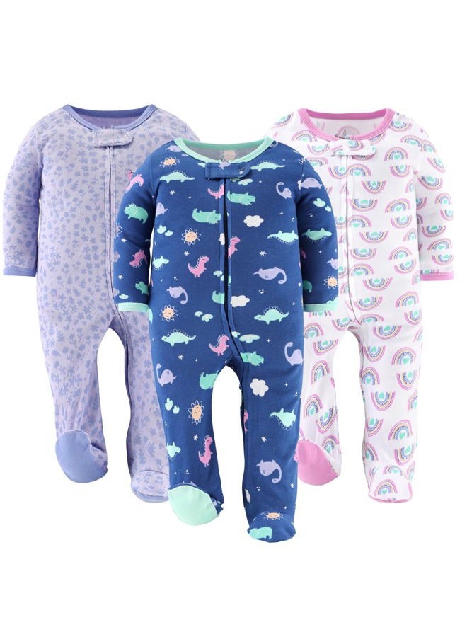 The Peanut Shell Baby Sleepers for Girls Set of 3 - Newborn Baby Clothes, Soft Cotton Baby Girl Footed Pajamas, Newborns & Infants Baby Clothes Gift Set - Rainbow Dinosaur - Image 1