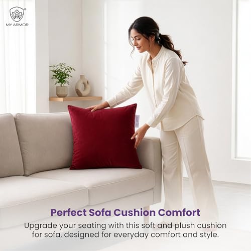 MY ARMOR Microfibre Cushion for Sofa | Soft & Fluffy Square Sofa Cushions | Decorative Sofa Pillows for Bed, Chair, Car & Living Room | Velvet Cover | Maroon | Pack of 1 | 24 x 24 Inch - Image 2