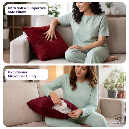 MY ARMOR Microfibre Cushion for Sofa | Soft & Fluffy Square Sofa Cushions | Decorative Sofa Pillows for Bed, Chair, Car & Living Room | Velvet Cover | Maroon | Pack of 1 | 24 x 24 Inch - Image 4