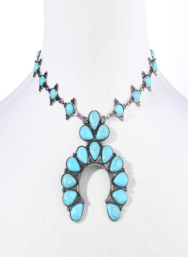 NLCAC Turquoise Statement Necklace Boho Squash Blossom Concho Pendant Collar Bib Necklace Western Turquoise Jewelry for Women(Squash Blossom) - Image 3
