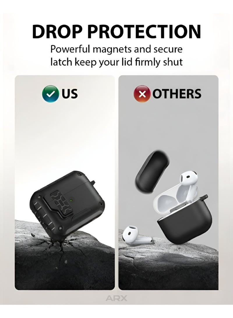 ARX AirPods Pro 3 Case with Secure Lock & Carabiner Clip, Rugged Shockproof Protective Cover (MagSafe Compatible, Front LED Visible) – Black - Image 3