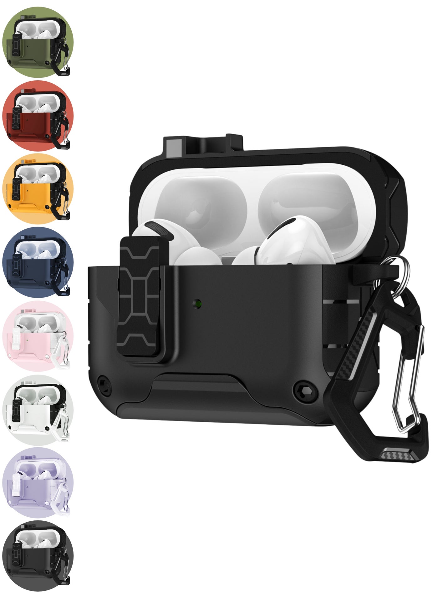 AirPods Pro 3 Case with Secure Lock & Carabiner Clip, Rugged Shockproof Protective Cover (MagSafe Compatible, Front LED Visible) – Black