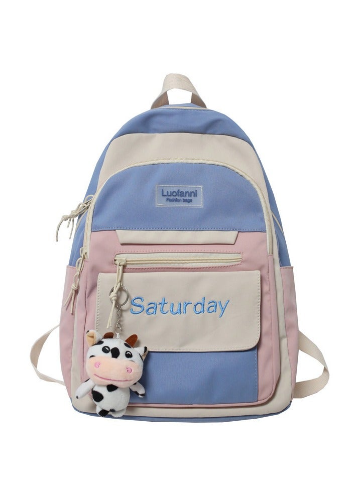 Premium Water-Resistant Nylon Backpack Stylish Contrast & Multi-Compartments Blue/Pink - Image 1