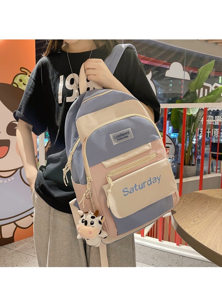 Premium Water-Resistant Nylon Backpack Stylish Contrast & Multi-Compartments Blue/Pink - Image 2