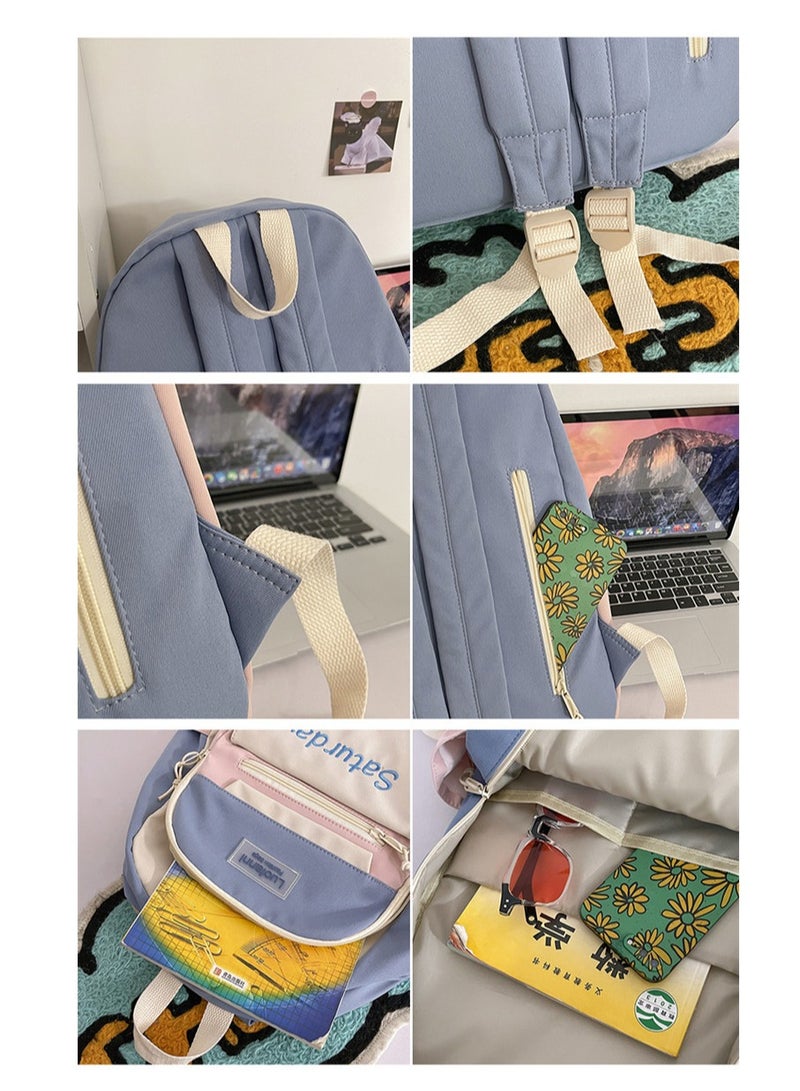 Premium Water-Resistant Nylon Backpack Stylish Contrast & Multi-Compartments Blue/Pink - Image 3