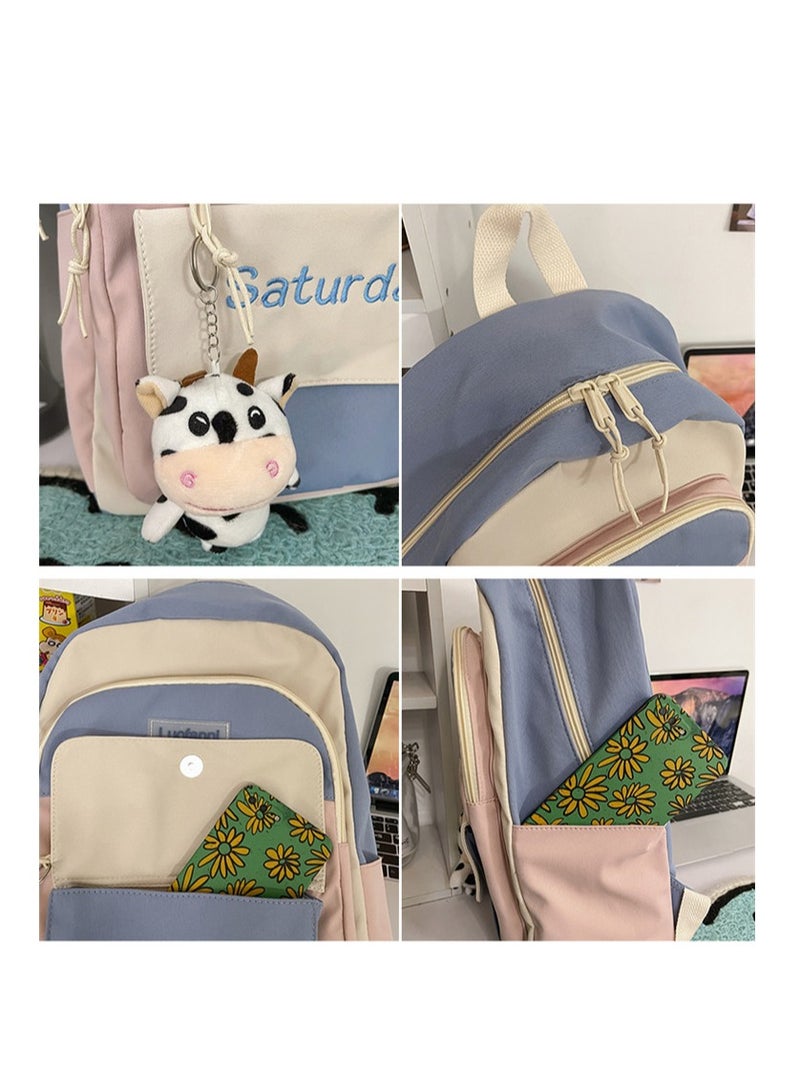 Premium Water-Resistant Nylon Backpack Stylish Contrast & Multi-Compartments Blue/Pink - Image 4