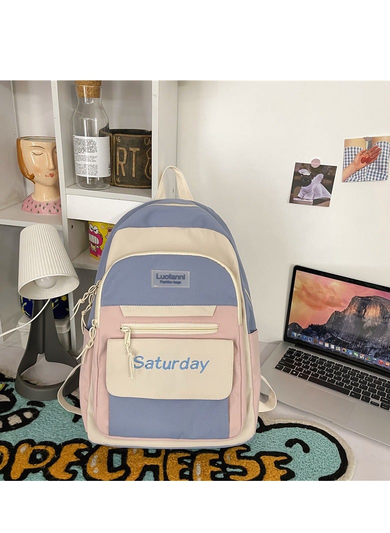 Premium Water-Resistant Nylon Backpack Stylish Contrast & Multi-Compartments Blue/Pink - Image 5