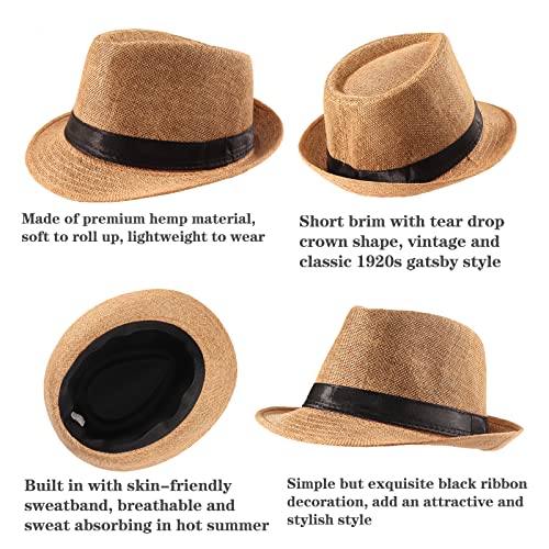 Ultrafun 5 Pack Short Brim Fedora Classic Summer Beach Sun Hat Panama Straw Cap for Men Women (Large, 5Pack-Black+White+Khaki+Blue+Wine Red) - Image 3