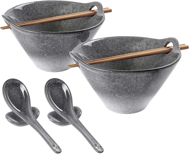 UNICASA Japanese Ramen Bowl Set with Chopsticks Spoons and Rests 26oz Deep Porcelain Noodle Bowl Set of 2 for Udon Pho Salad Soup Reactive Gray - Image 1