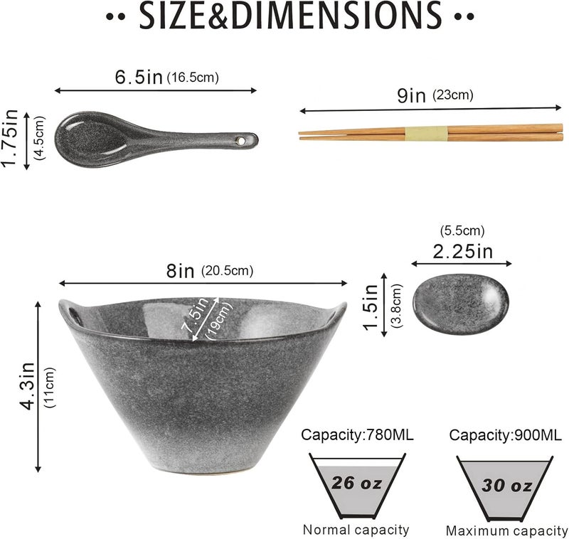 UNICASA Japanese Ramen Bowl Set with Chopsticks Spoons and Rests 26oz Deep Porcelain Noodle Bowl Set of 2 for Udon Pho Salad Soup Reactive Gray - Image 2