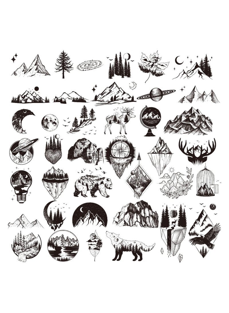 ORAINBOW 30 Sheets Small Black Mountain Planet Temporary Tattoos for Men Women Unique Realistic Waterproof Forest Triangle Designs Body Art Tattoos for Adults - Image 1