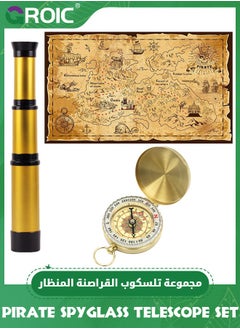 GROIC Pirate Monocular Telescope Treasure Map Pocket Compass Party Accessory Set,Collapsible Handheld Telescope Vintage Monocular for Kids,Survival Gear Compass Pocket Compass for Kids  - Image 1