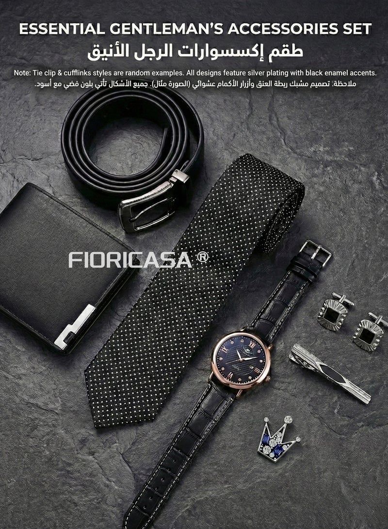 طقم هدايا رجالي فاخر 7 قطع - ساعة يد، محفظة، حزام جلد، كرفتة، أزرار أكمام ومشبك كرفتة - أفضل هدية فخمة للرجال - view 2