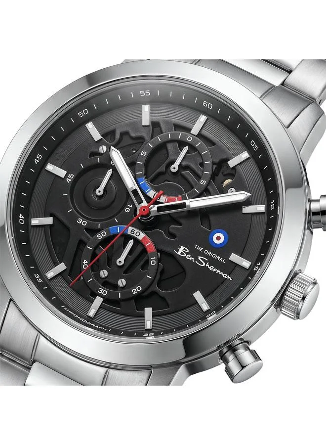 بين شيرمان Nottingham Black Dial Silver Genuine Leather Strap Chronograph Watch for Men, 44mm