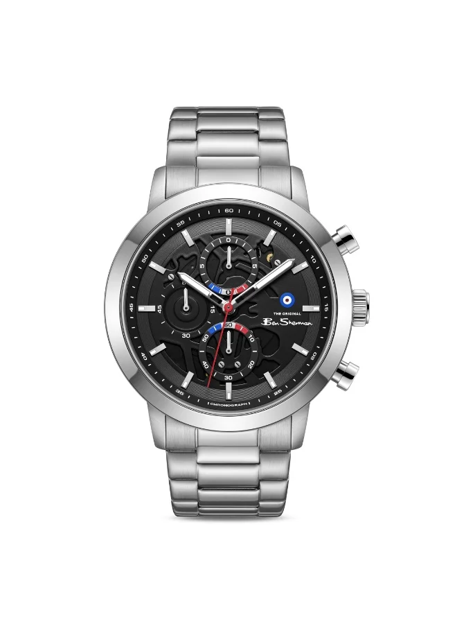 بين شيرمان Nottingham Black Dial Silver Genuine Leather Strap Chronograph Watch for Men, 44mm