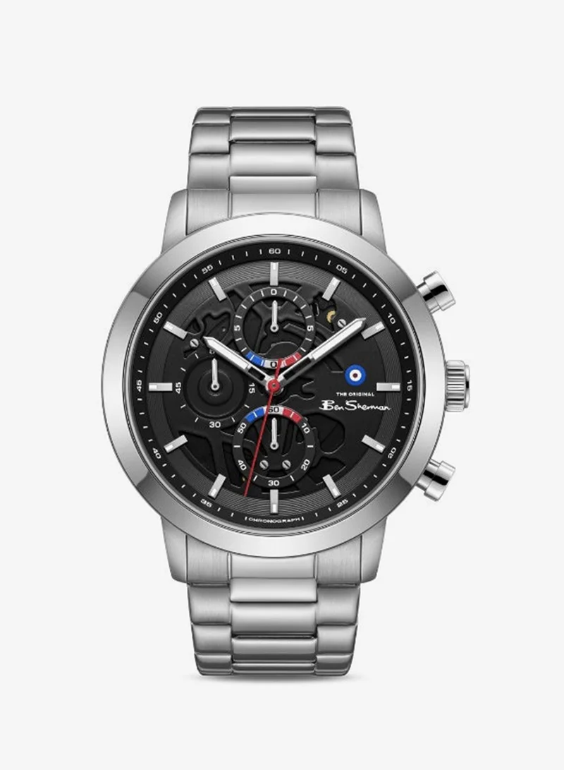 بين شيرمان Nottingham Black Dial Silver Genuine Leather Strap Chronograph Watch for Men, 44mm