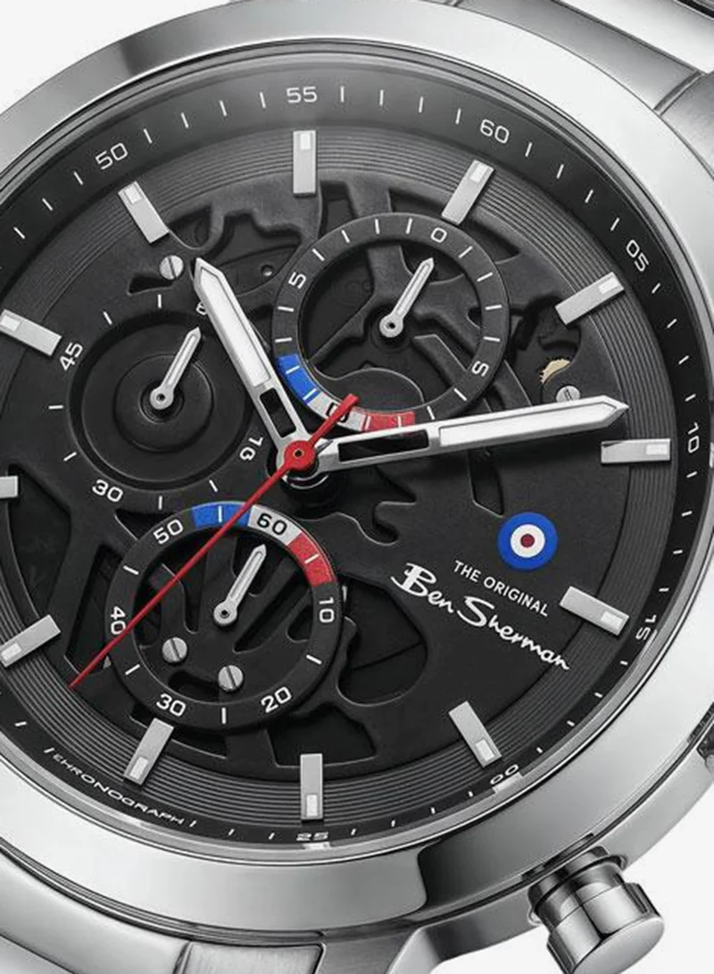 بين شيرمان Nottingham Black Dial Silver Genuine Leather Strap Chronograph Watch for Men, 44mm