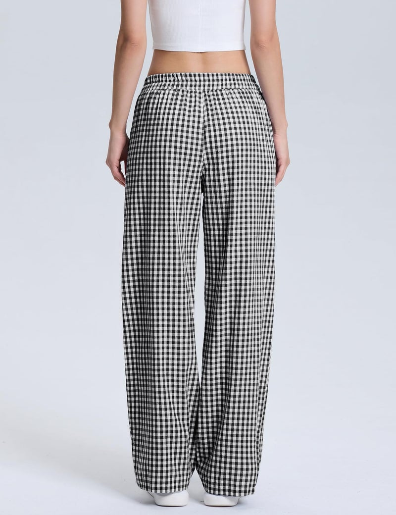 LOMON Women's Boxers Gingham Plaid Wide Leg Pants Cotton Pajama Lounge Pj Casual Trousers Y2K Flowy Bottoms with Pockets (Black White Plaid, L) - Image 3