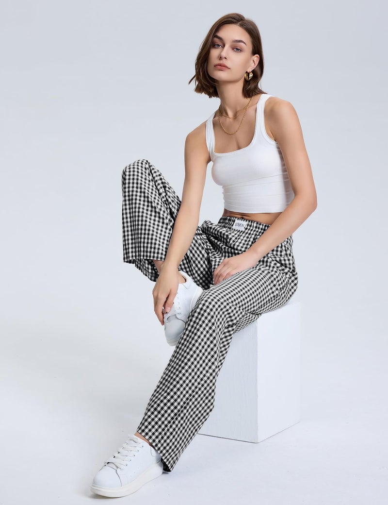 LOMON Women's Boxers Gingham Plaid Wide Leg Pants Cotton Pajama Lounge Pj Casual Trousers Y2K Flowy Bottoms with Pockets (Black White Plaid, L) - Image 5