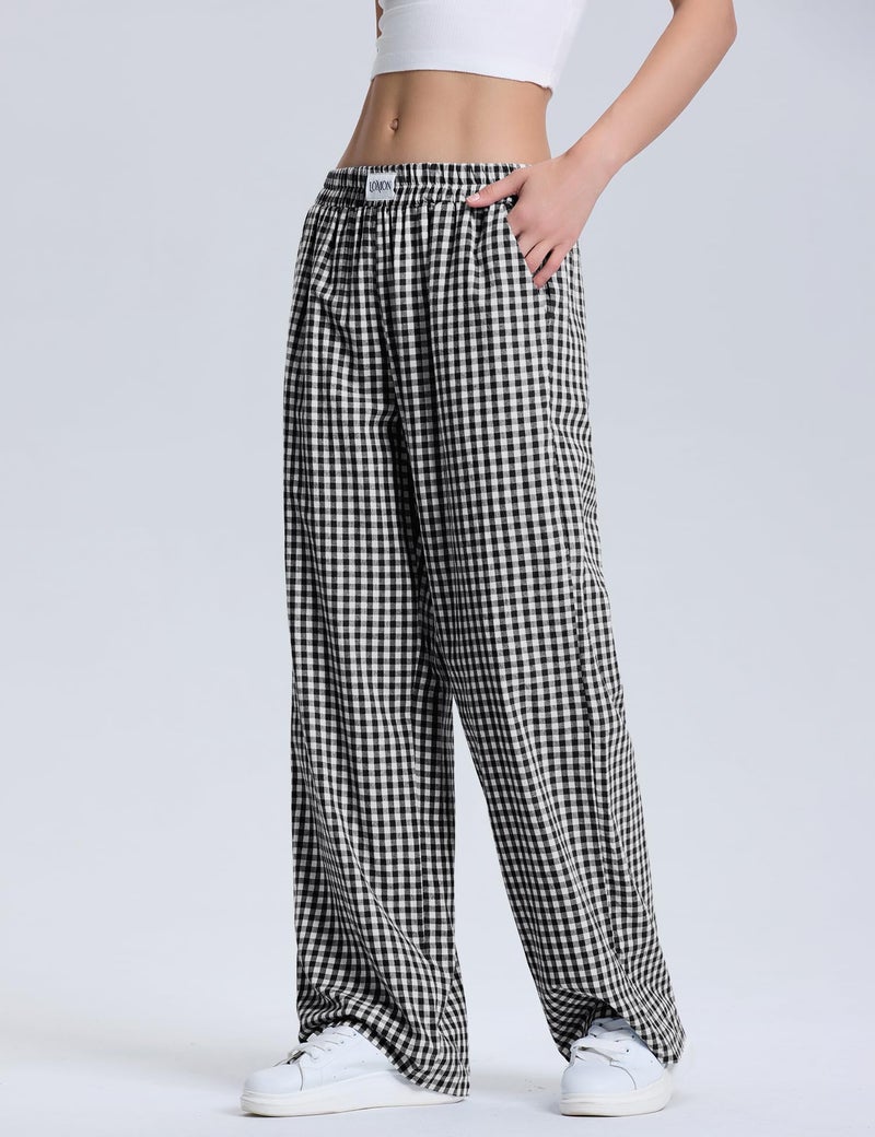 LOMON Women's Boxers Gingham Plaid Wide Leg Pants Cotton Pajama Lounge Pj Casual Trousers Y2K Flowy Bottoms with Pockets (Black White Plaid, L) - Image 2