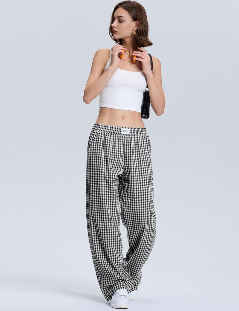 LOMON Women's Boxers Gingham Plaid Wide Leg Pants Cotton Pajama Lounge Pj Casual Trousers Y2K Flowy Bottoms with Pockets (Black White Plaid, L) - Image 4