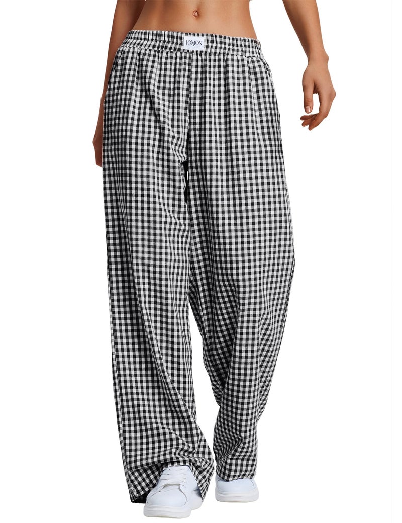 LOMON Women's Boxers Gingham Plaid Wide Leg Pants Cotton Pajama Lounge Pj Casual Trousers Y2K Flowy Bottoms with Pockets (Black White Plaid, L) - Image 1