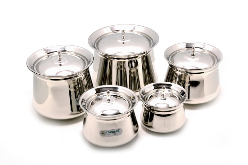 Coconut Eureka Stainless Steel Cookware Handi with Lids - 5 Units (Capacity - 500, 850, 1400, 2000 & 2500 ML) - Image 1
