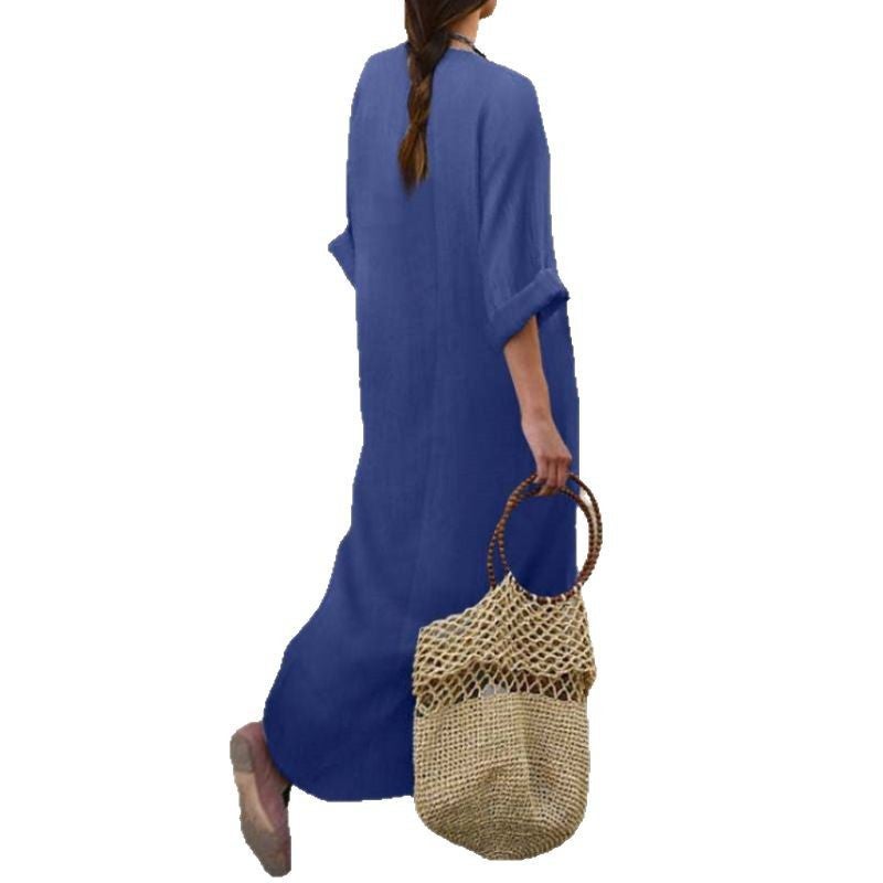 Women's V-Neck Denim Dress Loose Casual Long Dress with Pockets - Image 5