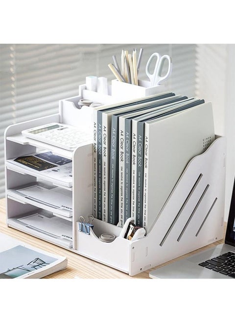 4-Tier Office White Desktop Organizer Paper File Rack with Vertical Horizontal File Holder All in One Supplies Storage Box Mail Sorter on Desk Tabletop Binder Folder Letter Trays Study Home