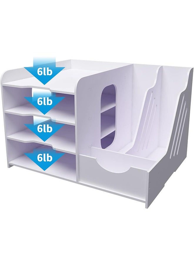 4-Tier Office White Desktop Organizer Paper File Rack with Vertical Horizontal File Holder All in One Supplies Storage Box Mail Sorter on Desk Tabletop Binder Folder Letter Trays Study Home