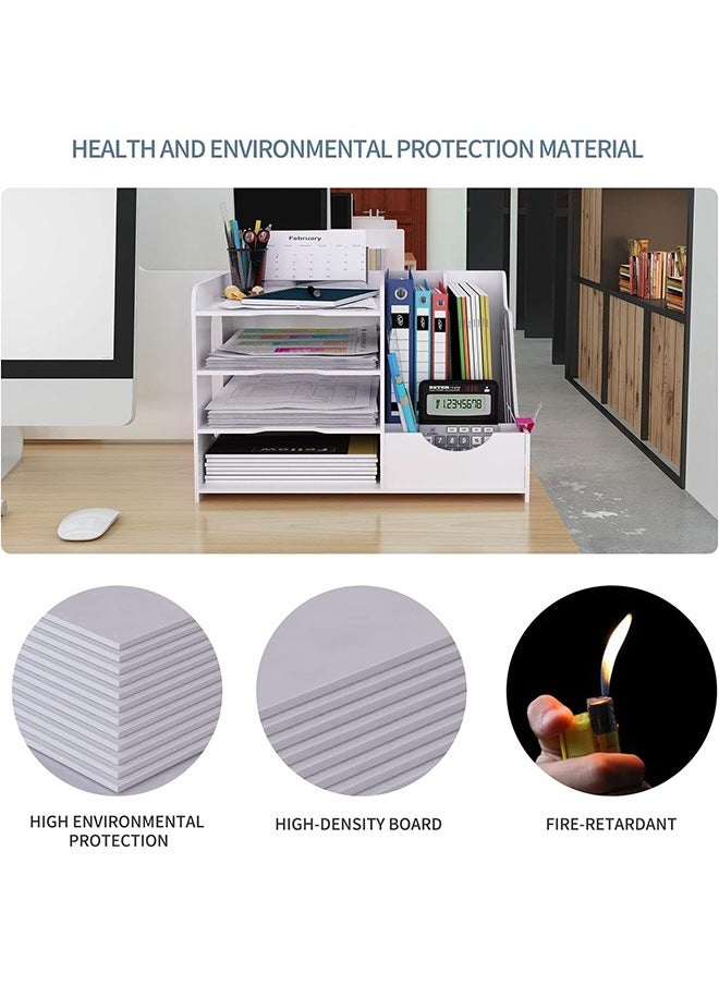 4-Tier Office White Desktop Organizer Paper File Rack with Vertical Horizontal File Holder All in One Supplies Storage Box Mail Sorter on Desk Tabletop Binder Folder Letter Trays Study Home
