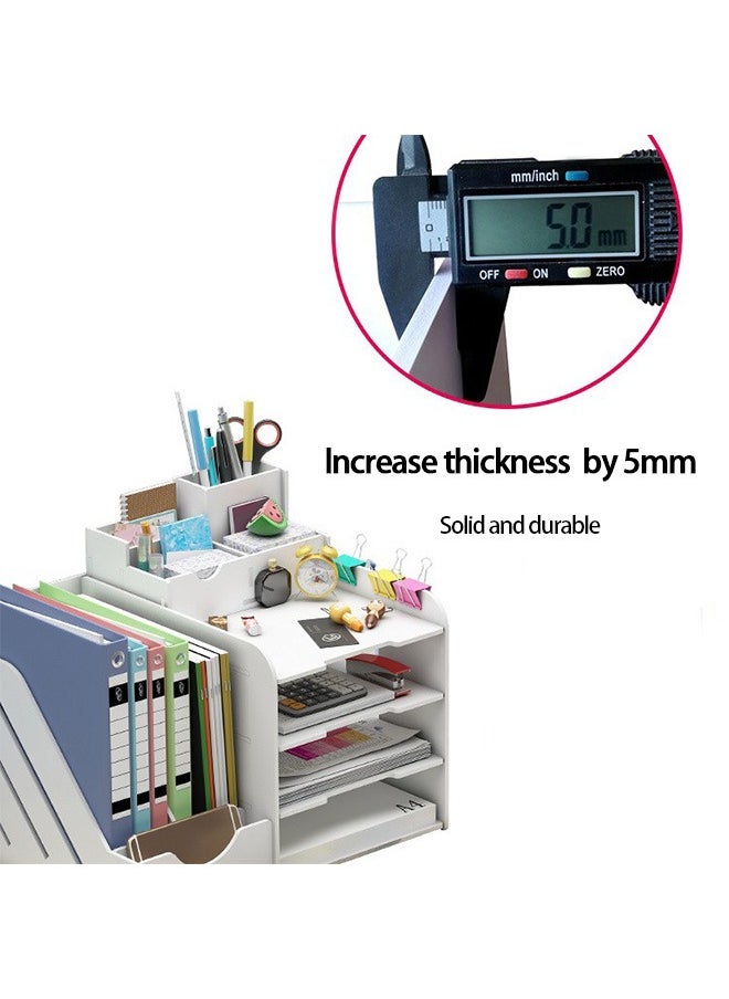 4-Tier Office White Desktop Organizer Paper File Rack with Vertical Horizontal File Holder All in One Supplies Storage Box Mail Sorter on Desk Tabletop Binder Folder Letter Trays Study Home