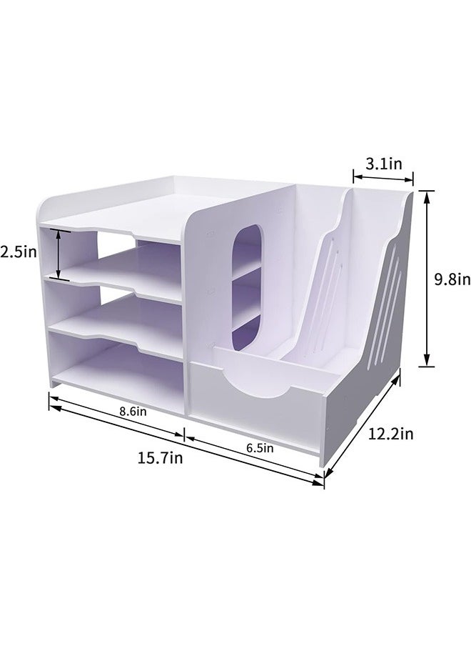 4-Tier Office White Desktop Organizer Paper File Rack with Vertical Horizontal File Holder All in One Supplies Storage Box Mail Sorter on Desk Tabletop Binder Folder Letter Trays Study Home