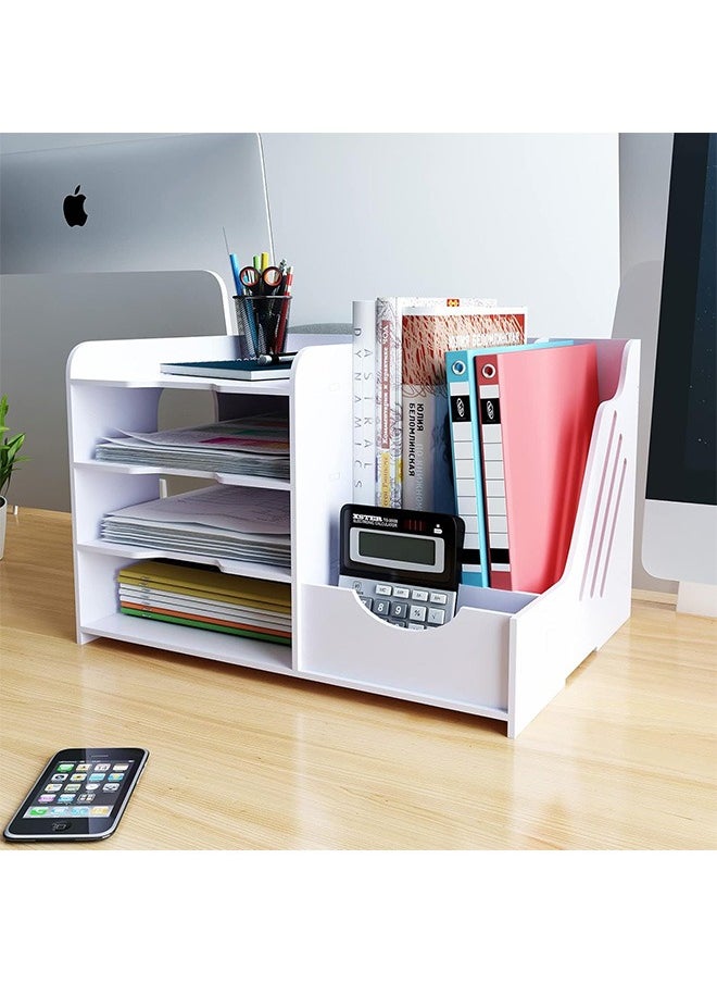 4-Tier Office White Desktop Organizer Paper File Rack with Vertical Horizontal File Holder All in One Supplies Storage Box Mail Sorter on Desk Tabletop Binder Folder Letter Trays Study Home