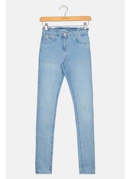 Kids Girl Wash Embroidered Detail Jeans, Blue