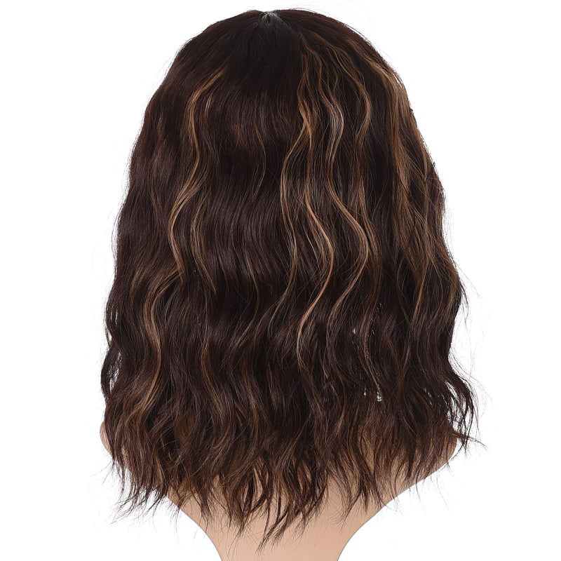 morvally Short Mix Brown Wavy Bob Wig with Bangs for Women 16 Inches Natural Synthetic Hair Wavy Wigs - Image 5