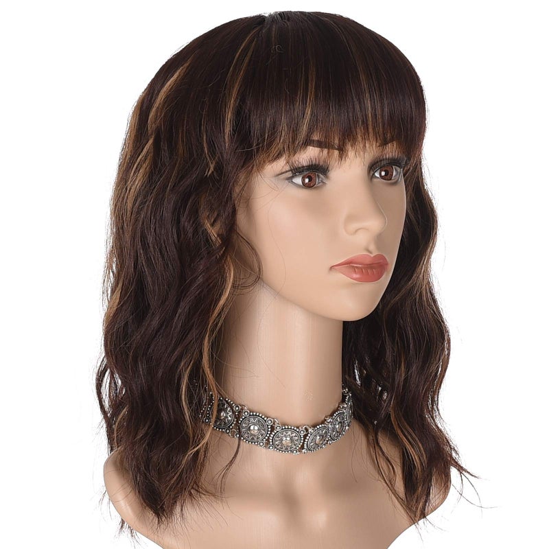 morvally Short Mix Brown Wavy Bob Wig with Bangs for Women 16 Inches Natural Synthetic Hair Wavy Wigs - Image 4