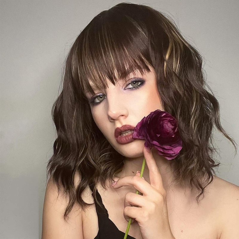 morvally Short Mix Brown Wavy Bob Wig with Bangs for Women 16 Inches Natural Synthetic Hair Wavy Wigs - Image 2