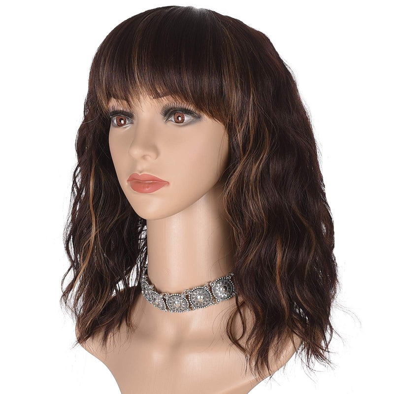 morvally Short Mix Brown Wavy Bob Wig with Bangs for Women 16 Inches Natural Synthetic Hair Wavy Wigs - Image 1