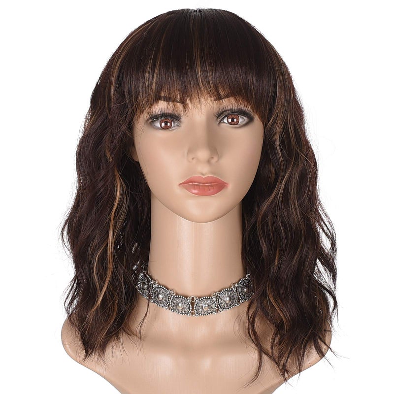 morvally Short Mix Brown Wavy Bob Wig with Bangs for Women 16 Inches Natural Synthetic Hair Wavy Wigs - Image 3