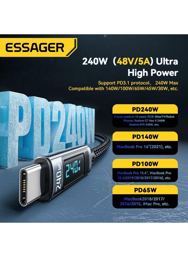 ESSAGER 240W Super Fast USB-C to USB-C Cable, 1 Meter, Digital display Compatible with iPhone 16 Series, 15 Pro Max, MacBook, iPad, Game Player, etc. Devices with Type-C Port - Black - Image 2