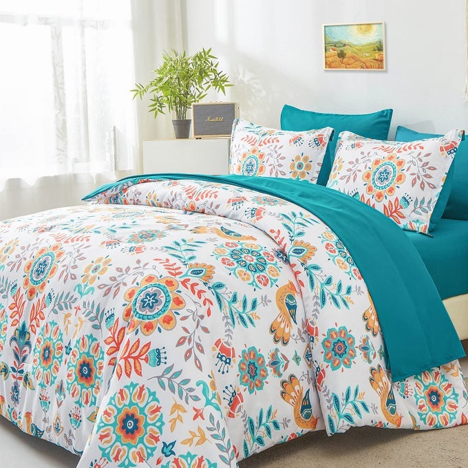BOHO COMFORTER SET QUEEN 7 PIECES BED IN A BAG FLORAL MEDALLIONS DESIGN BOHEMIAN COMFORTER SET WITH SHEETS SOFT MICROFIBER COMPLETE BEDDING SETS ALL SEASON TEAL BLUE QUEEN