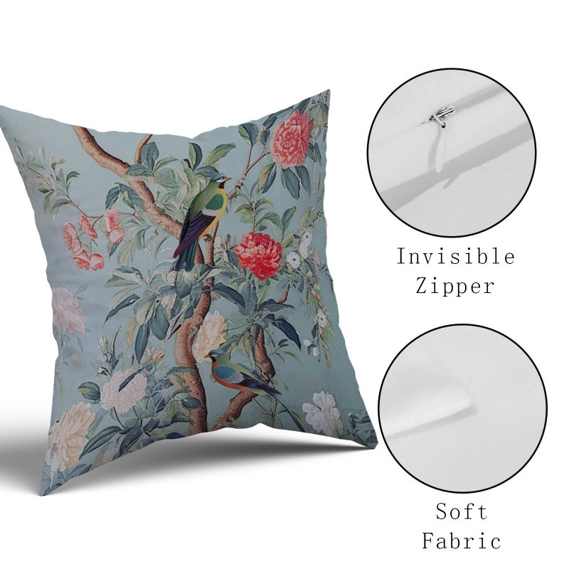 Sweetshow Chinoiserie Pillow Cover 20x20 Inch Blue Gray Vintage Bird Floral Throw Pillow Covers Farmhouse Flower Decorative Outdoor Pillowcase Cotton Square Cushion Cover for Couch Sofa Bed Decor (Pack of 2) - Image 4