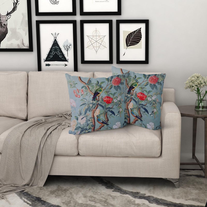 Sweetshow Chinoiserie Pillow Cover 20x20 Inch Blue Gray Vintage Bird Floral Throw Pillow Covers Farmhouse Flower Decorative Outdoor Pillowcase Cotton Square Cushion Cover for Couch Sofa Bed Decor (Pack of 2) - Image 2