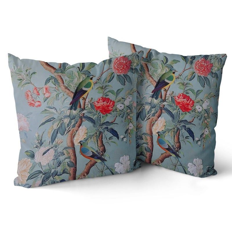 Sweetshow Chinoiserie Pillow Cover 20x20 Inch Blue Gray Vintage Bird Floral Throw Pillow Covers Farmhouse Flower Decorative Outdoor Pillowcase Cotton Square Cushion Cover for Couch Sofa Bed Decor (Pack of 2) - Image 1