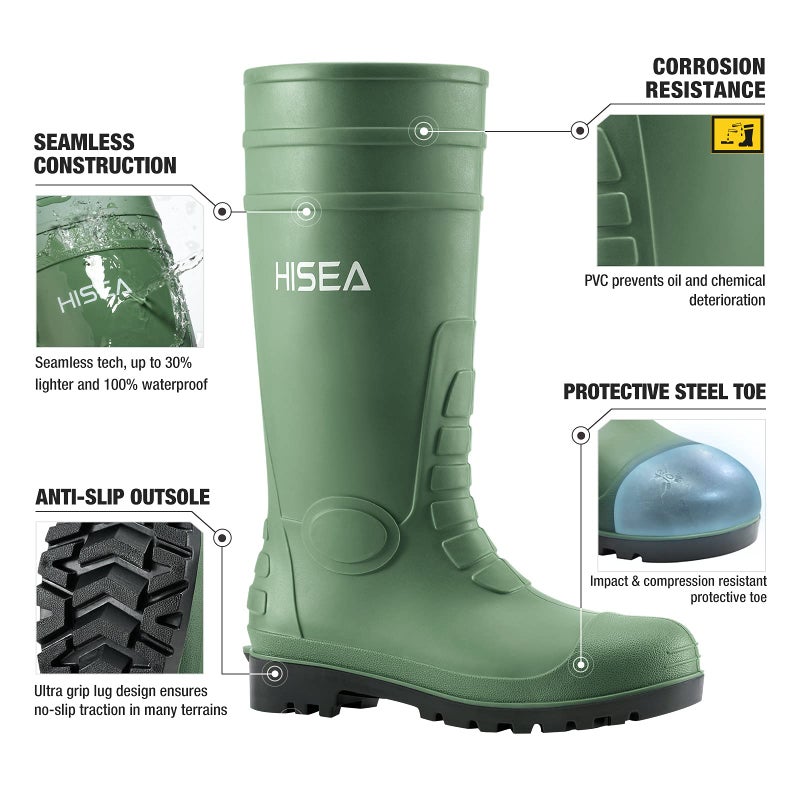 HISEA Men's Steel Toe Rain Boots PVC Rubber Boots, Waterproof Garden Fishing Outdoor Work Boots, Durable Slip Resistant Knee Boots for Agriculture and Industrial Working, Green Size 11 - Image 2